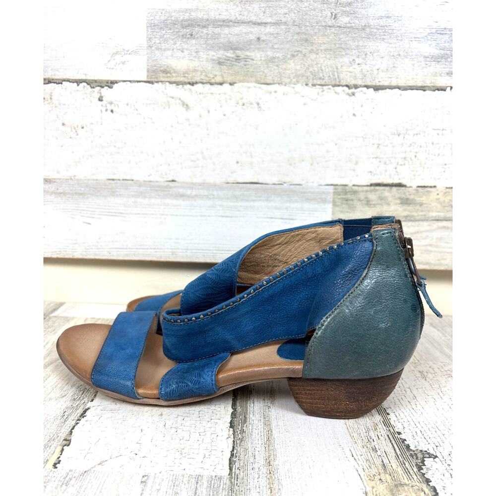 Miz Mooz Womens 11 Blue Leather Studded Cross-Strap Heeled Zip Sandals Retro